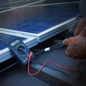Solar technician testing solar panel with multimeter