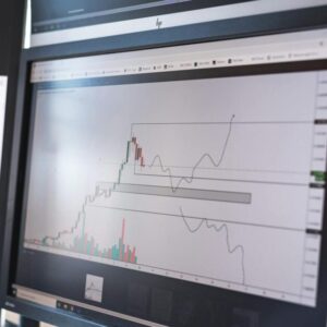 Close-up of stock market analysis charts on a monitor, showcasing market trends.