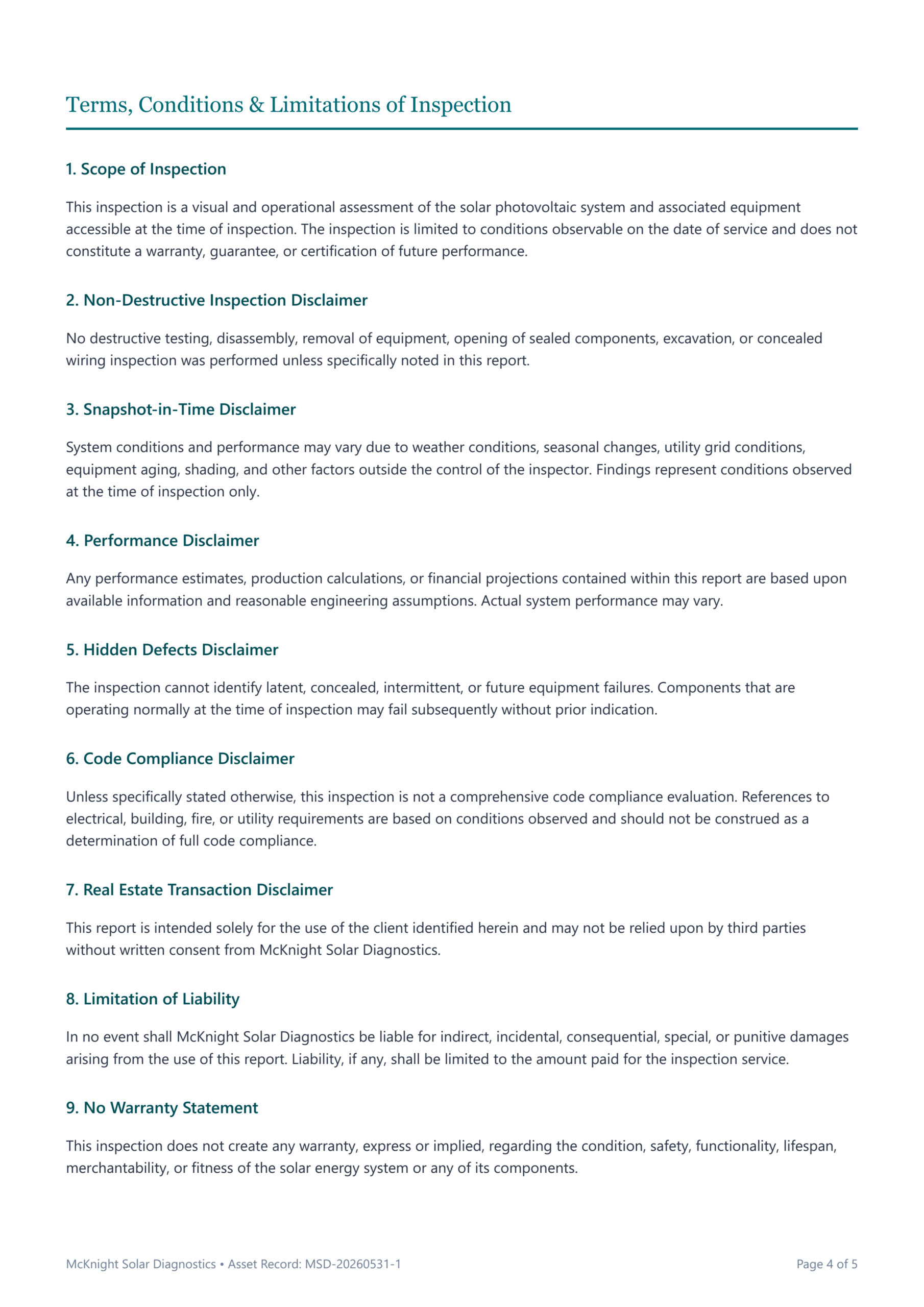 sample of solar and battery system inspection report for real estate transactions