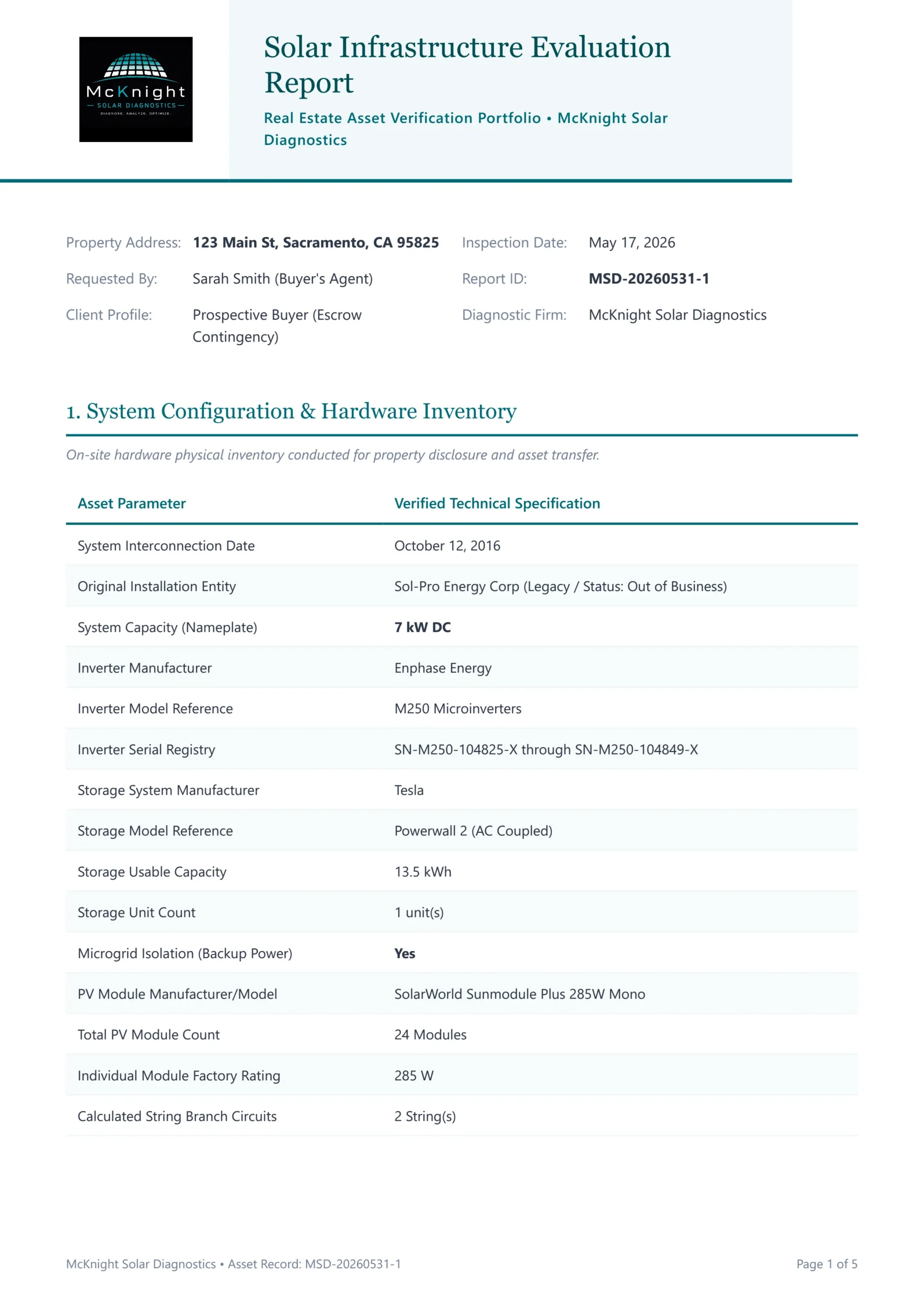 Solar Inspection Sample Report, page 1