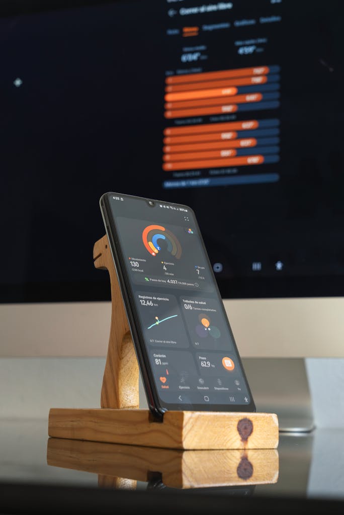 Monitoring 2 Smartphone showcasing a monitoring app with analytics charts