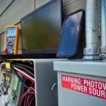 Sacramento Solar Diagnostics and Repair Expert - Side profile of a Tesla Powerwall system with its front cover open. A smartphone, laptop and multimeter are being used to troubleshoot a problem with the system