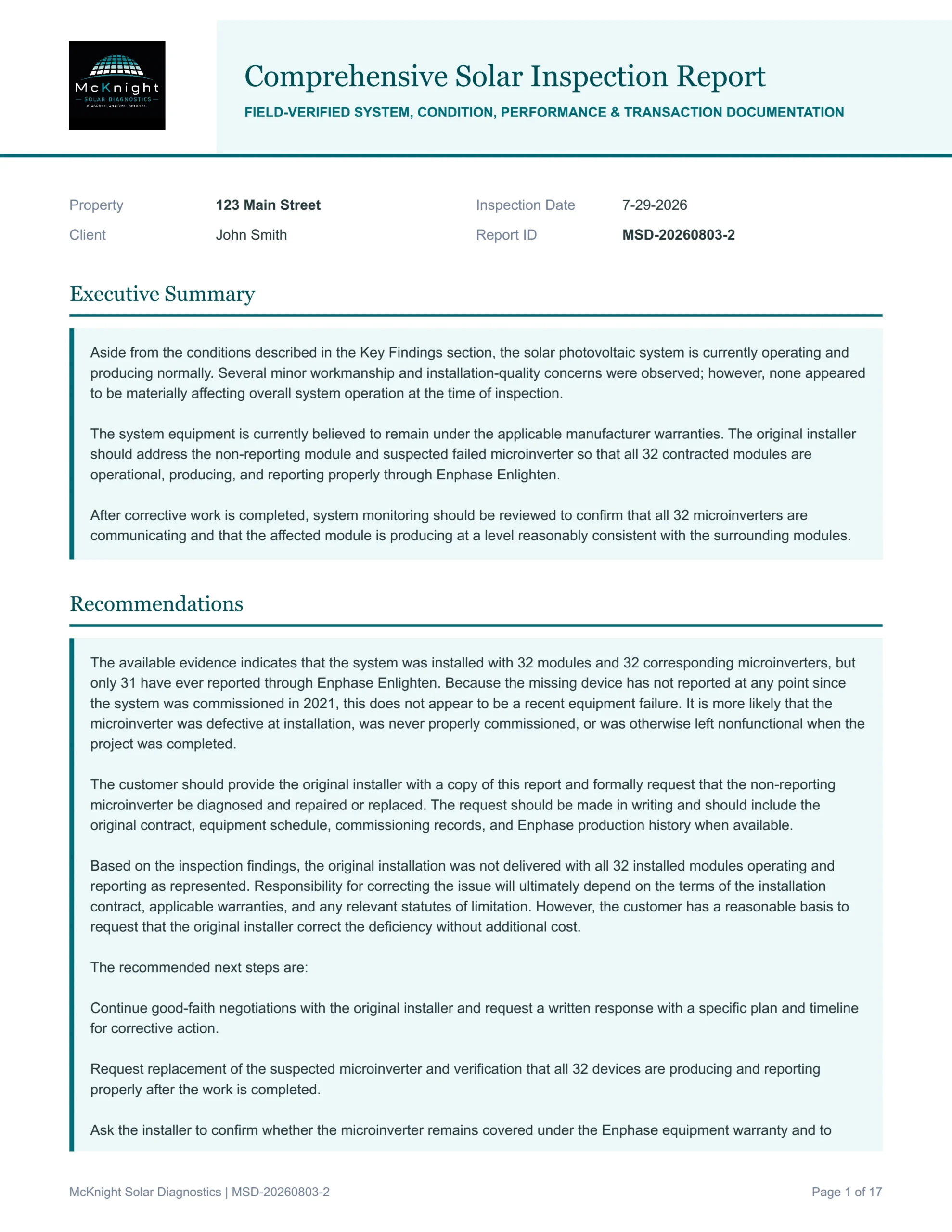 Sample solar Inspection report page from McKnight Solar Diagnostics out of the Sacramento area. For home owners and real estate transactions.