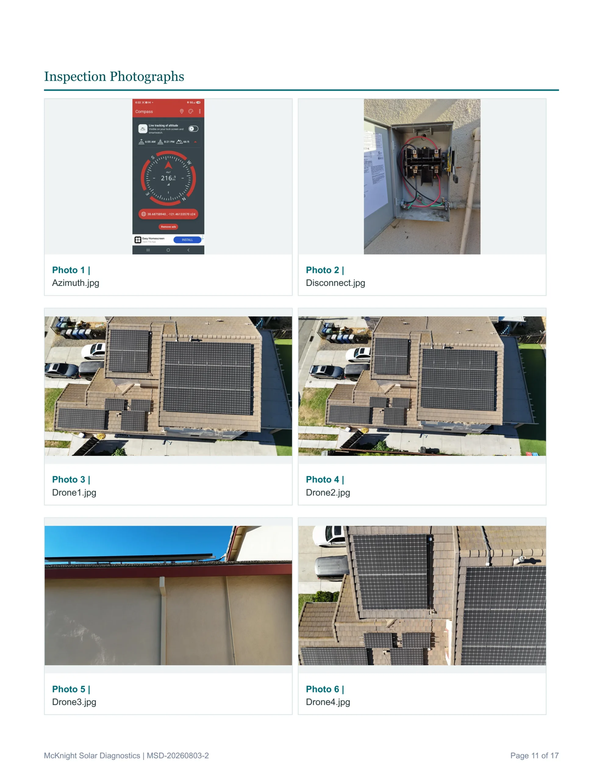 Sample solar Inspection report page from McKnight Solar Diagnostics out of the Sacramento area. For home owners and real estate transactions.