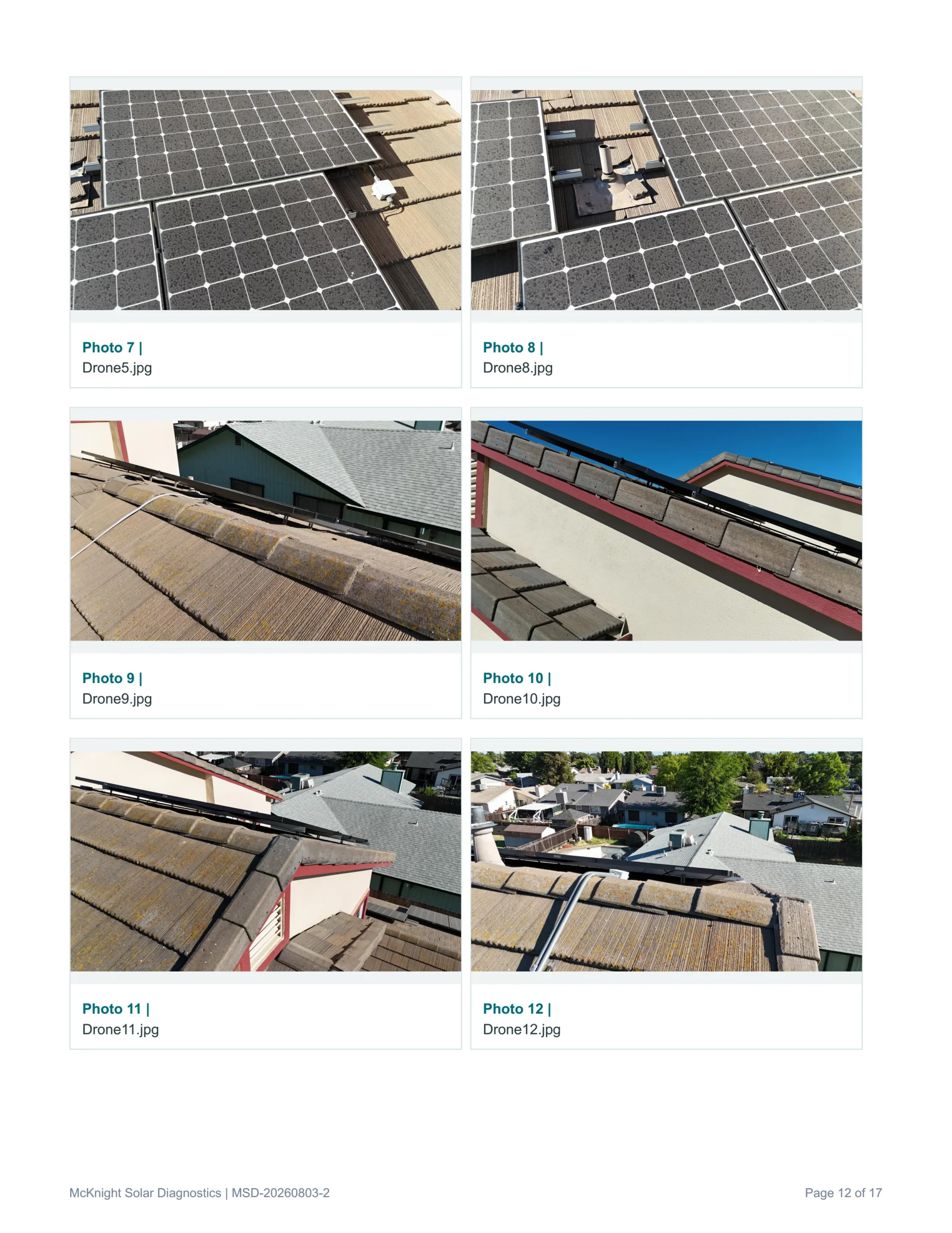 Sample solar Inspection report page from McKnight Solar Diagnostics out of the Sacramento area. For home owners and real estate transactions.