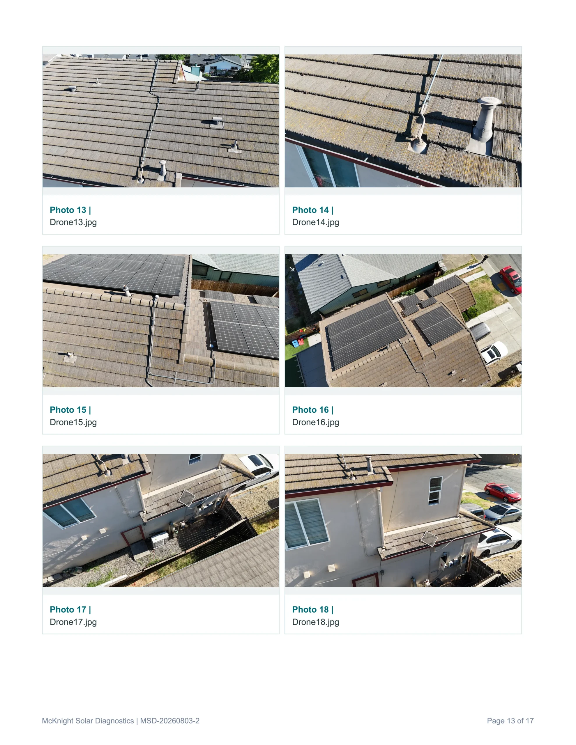 Sample solar Inspection report page from McKnight Solar Diagnostics out of the Sacramento area. For home owners and real estate transactions.