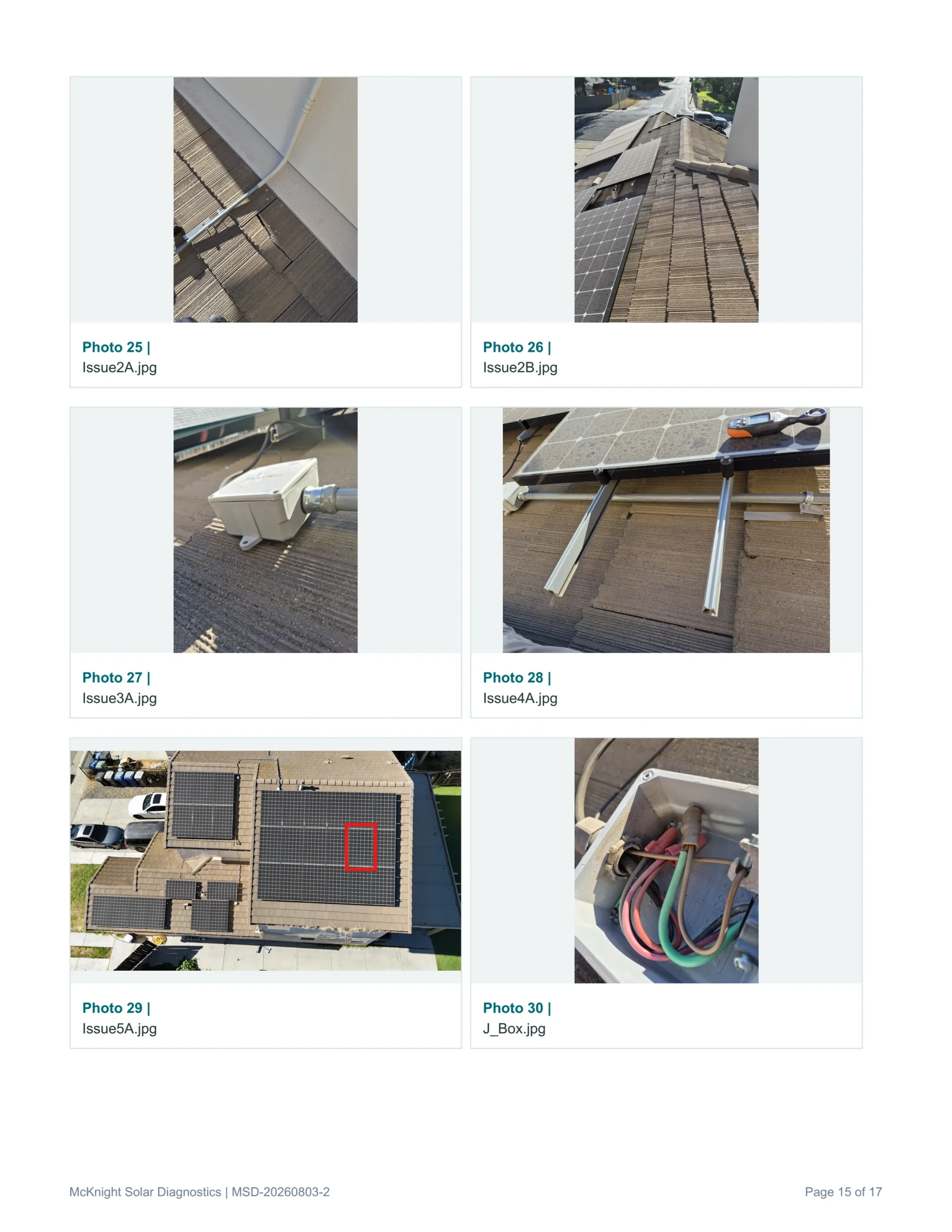 Sample solar Inspection report page from McKnight Solar Diagnostics out of the Sacramento area. For home owners and real estate transactions.