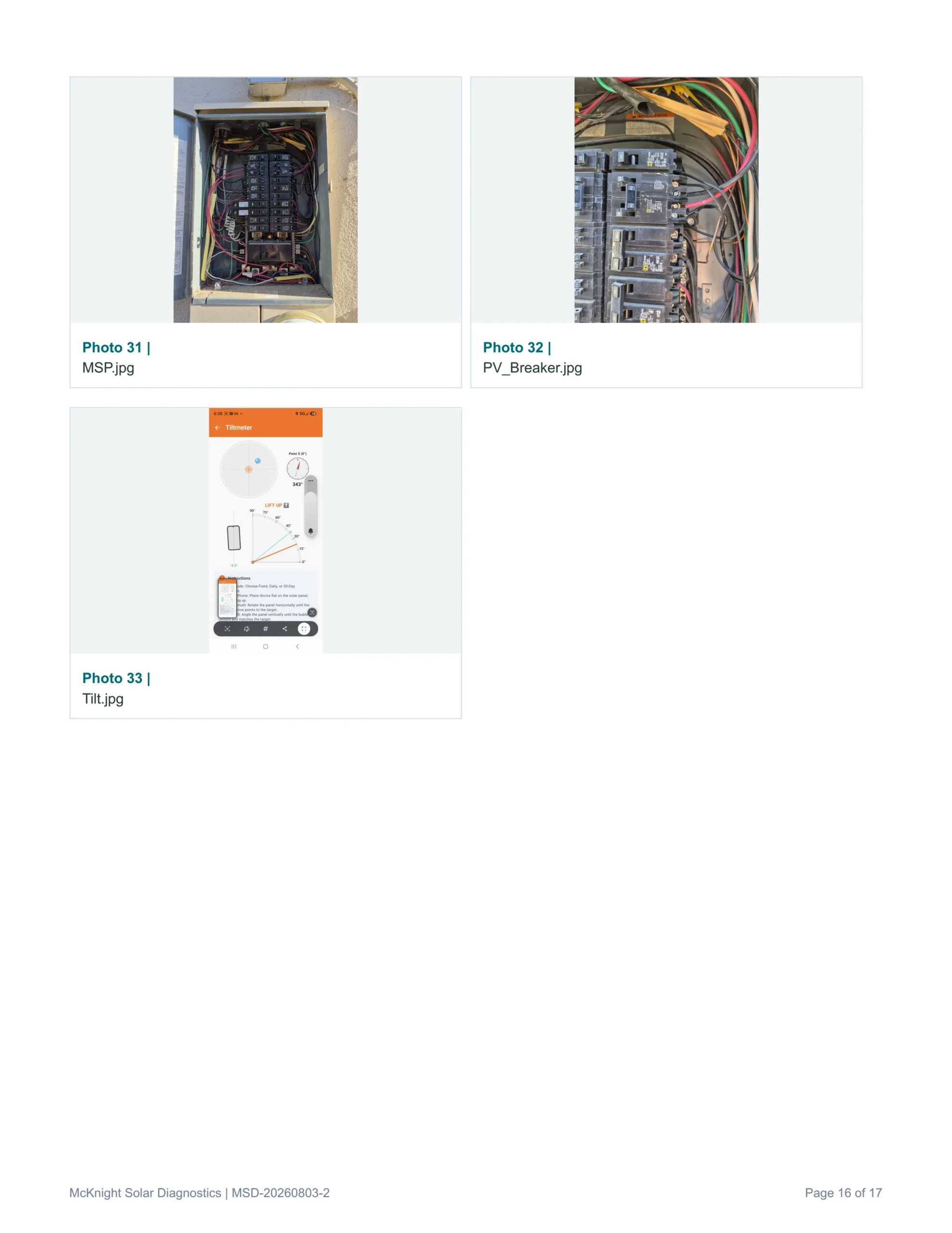 Sample solar Inspection report page from McKnight Solar Diagnostics out of the Sacramento area. For home owners and real estate transactions.