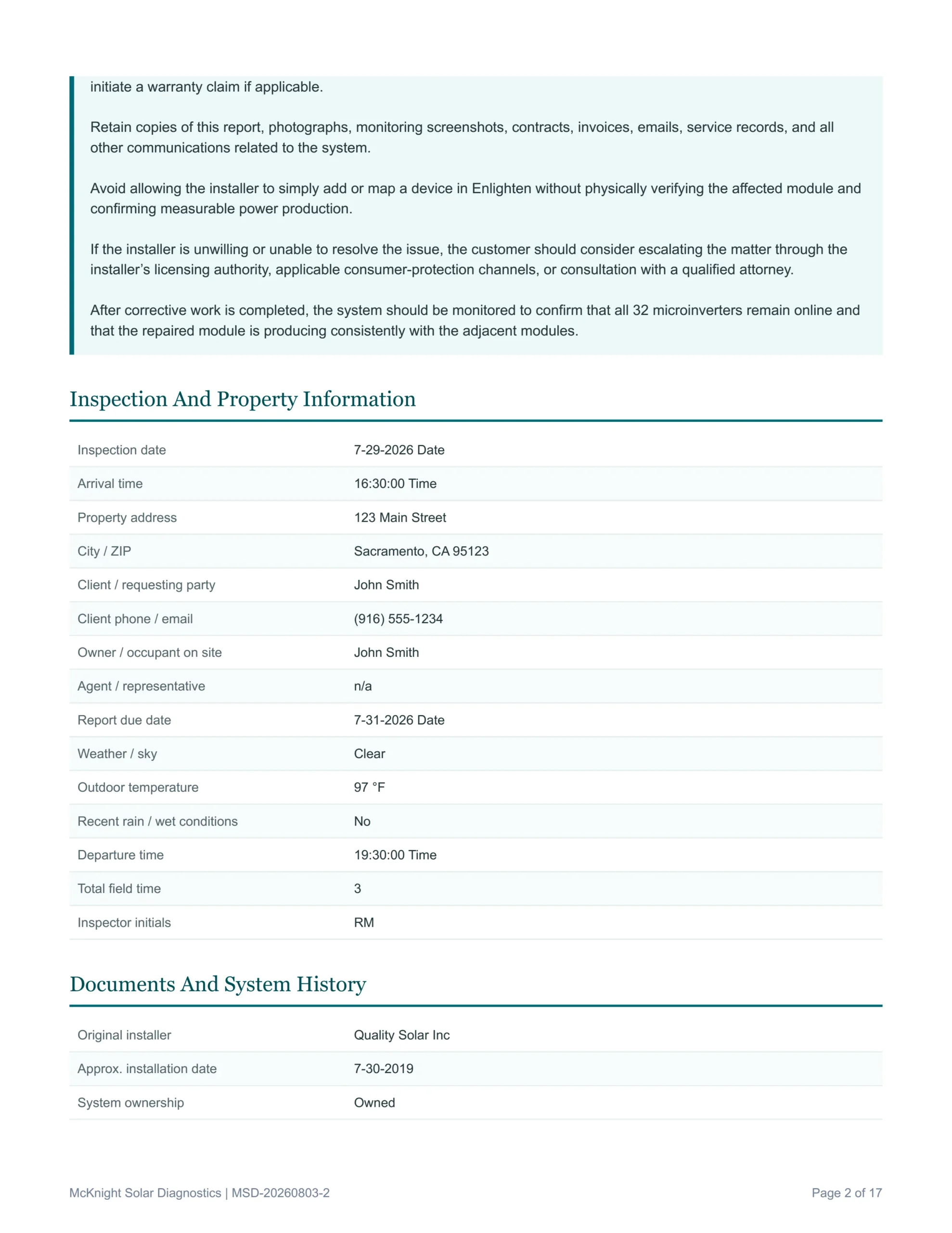 Sample solar Inspection report page from McKnight Solar Diagnostics out of the Sacramento area. For home owners and real estate transactions.