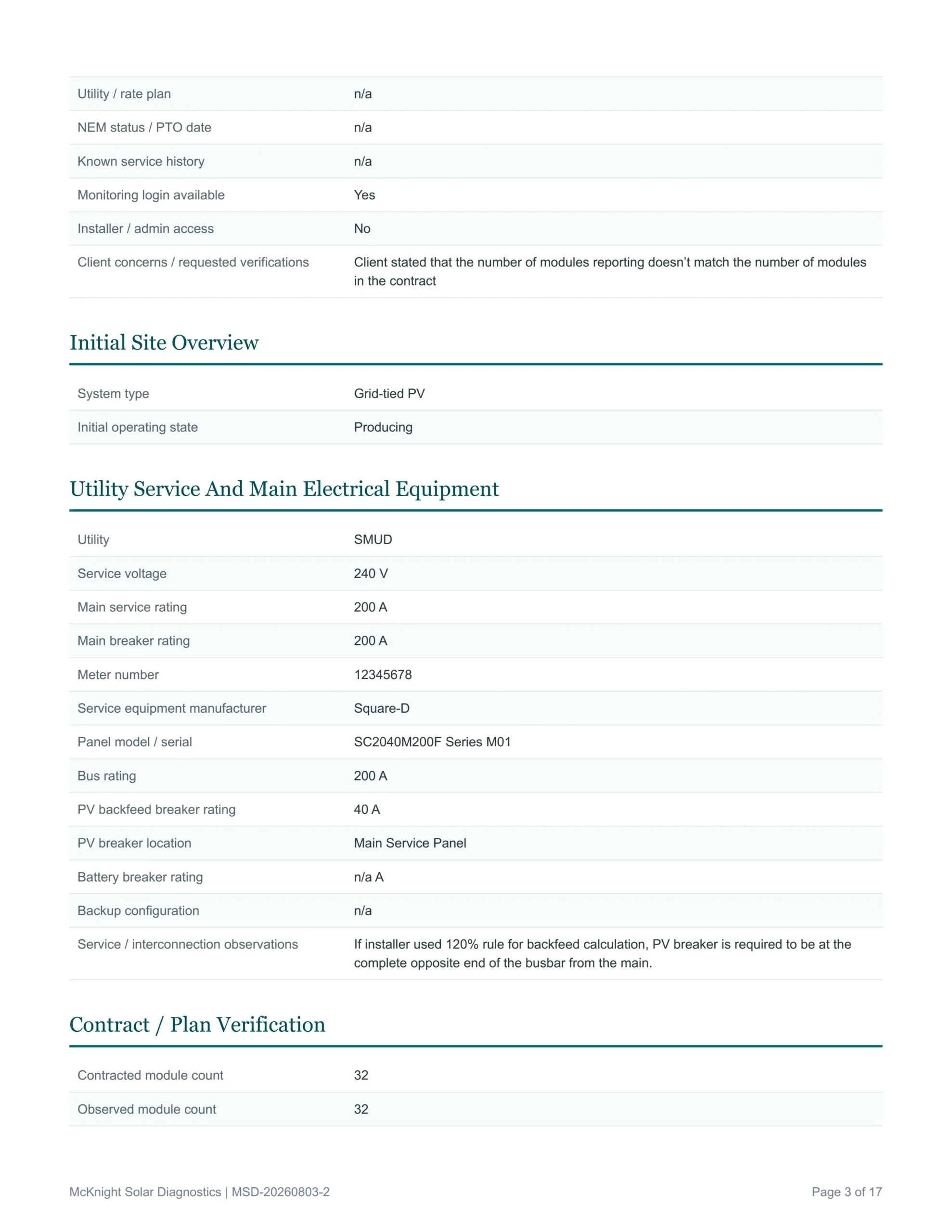 Sample solar Inspection report page from McKnight Solar Diagnostics out of the Sacramento area. For home owners and real estate transactions.