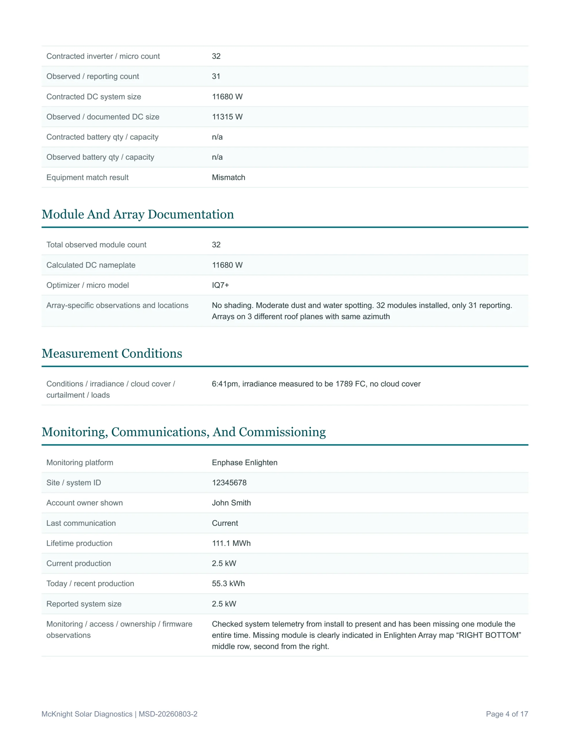 Sample solar Inspection report page from McKnight Solar Diagnostics out of the Sacramento area. For home owners and real estate transactions.