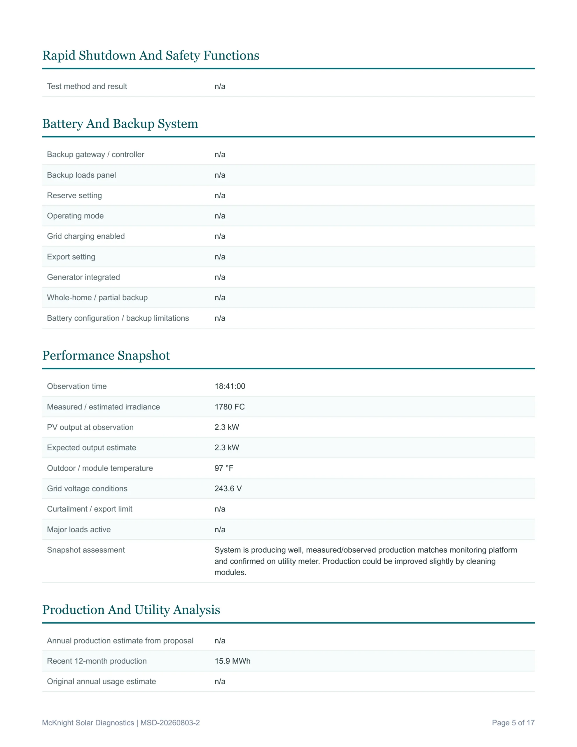 Sample solar Inspection report page from McKnight Solar Diagnostics out of the Sacramento area. For home owners and real estate transactions.