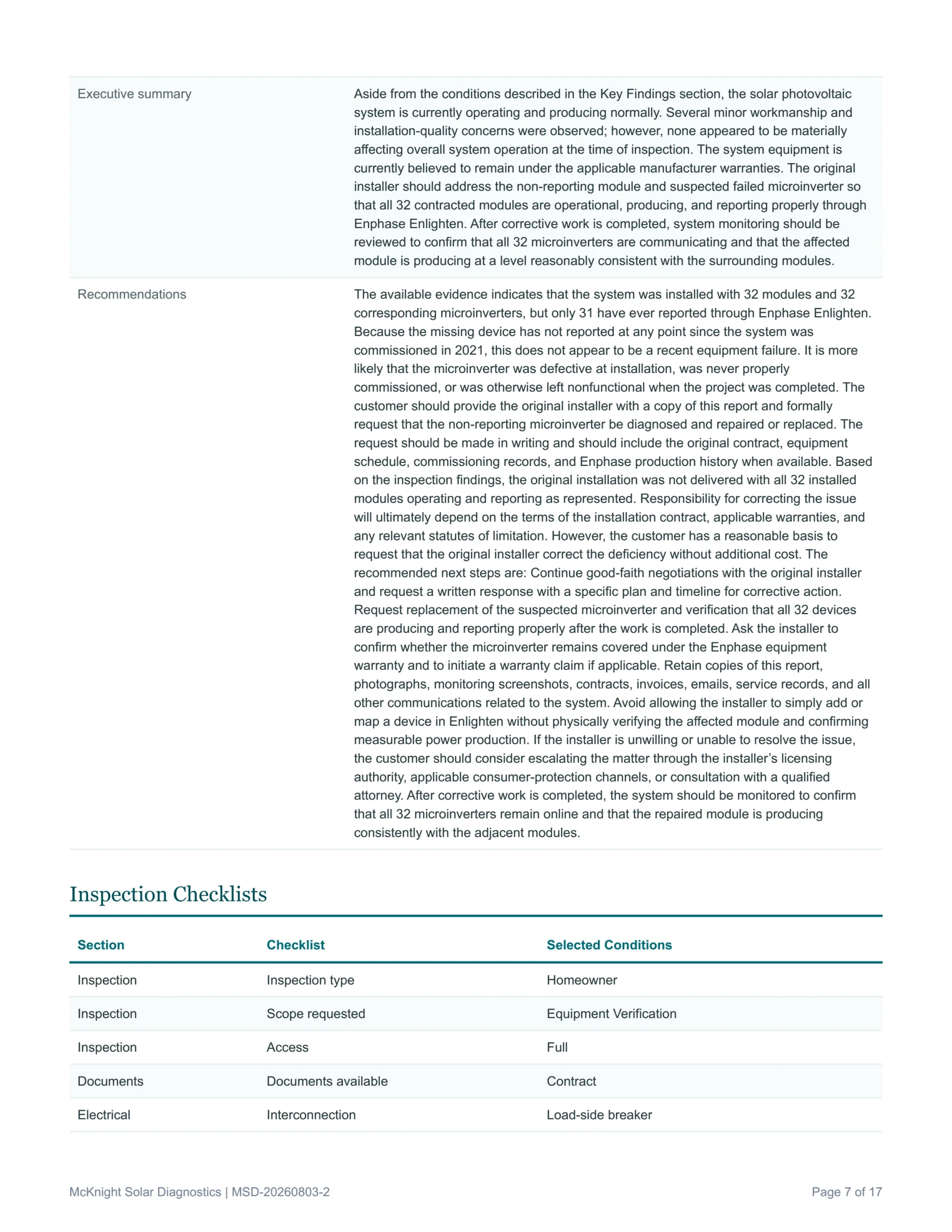 Sample solar Inspection report page from McKnight Solar Diagnostics out of the Sacramento area. For home owners and real estate transactions.